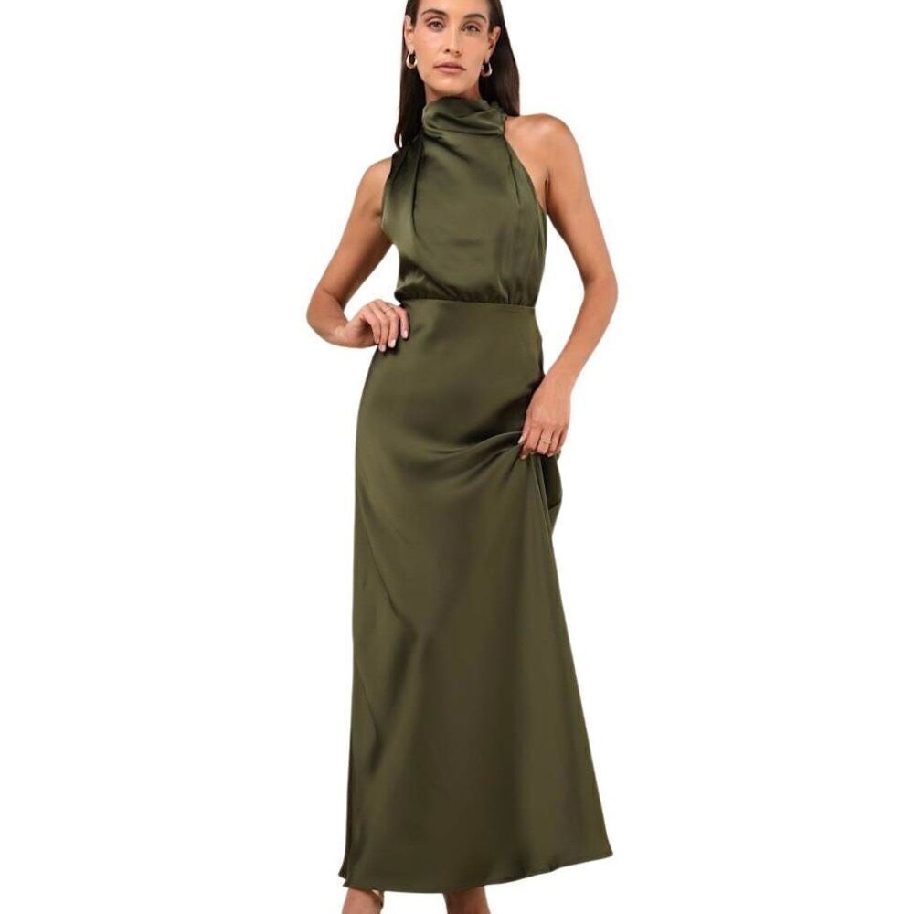 Lulus Distinctive Charm Olive Satin A-Line Maxi 10